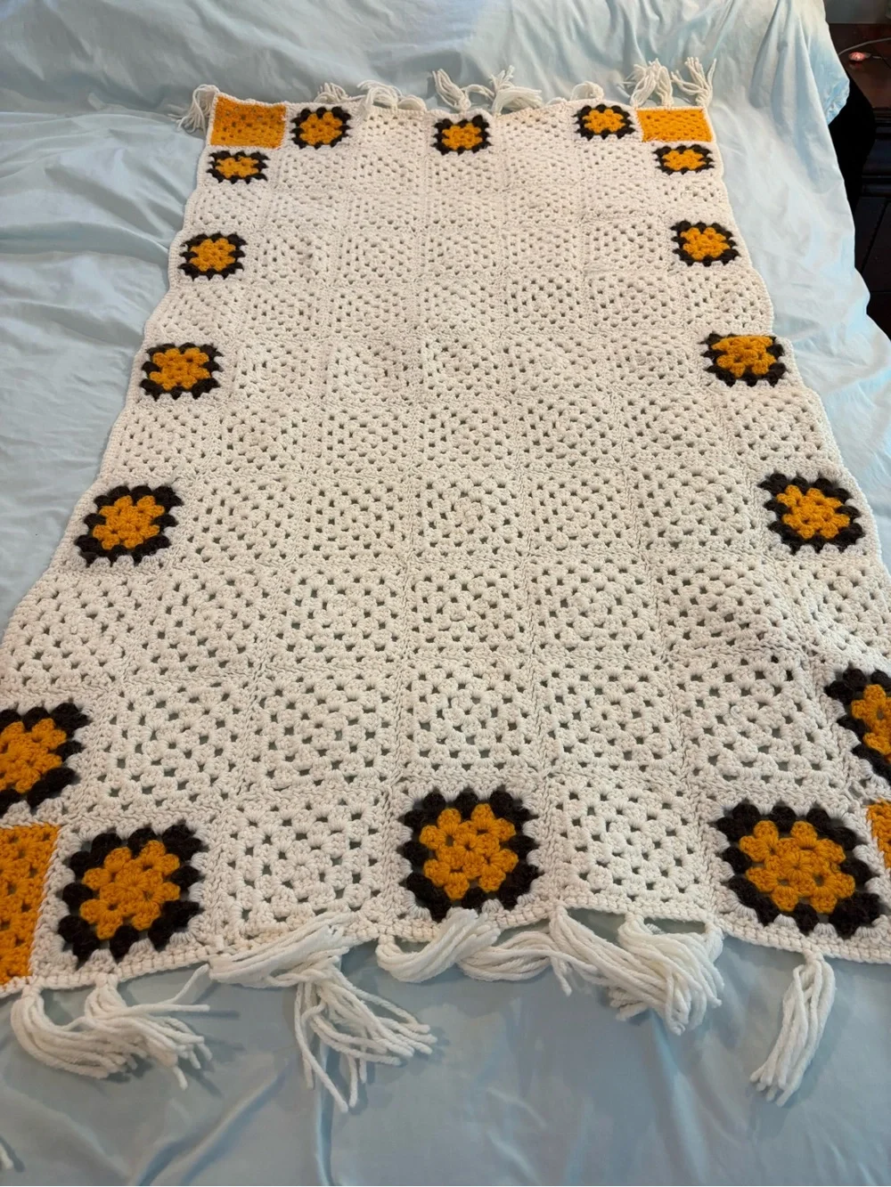 Handmade Crochet Granny Square Throw Blanket Cream Mustard Brown Fringe 32x55